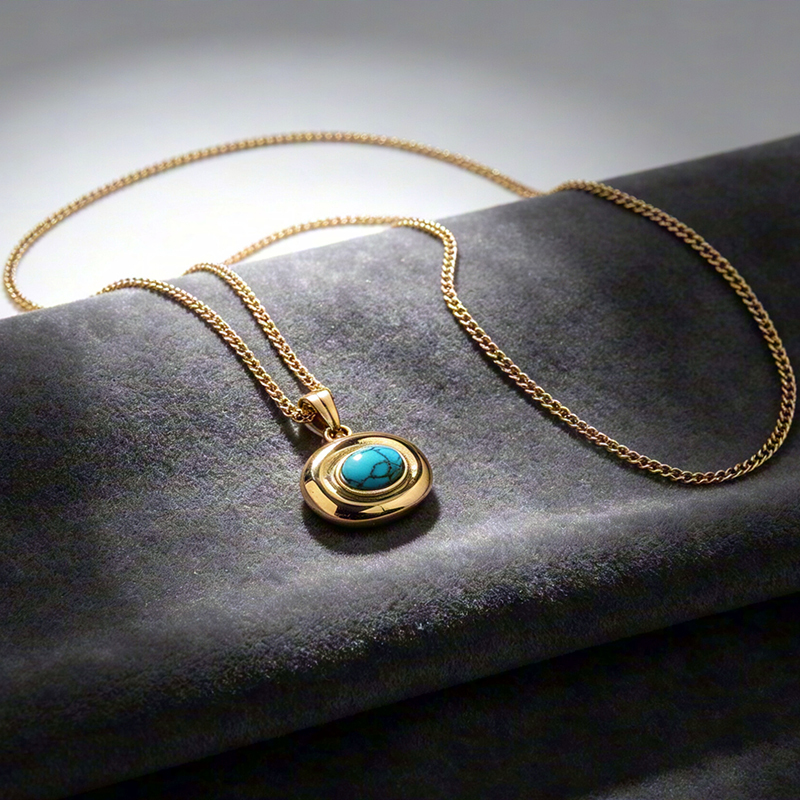 18K Gold PVD Plated Stainless Steel Natural Turquoise Oval Necklace