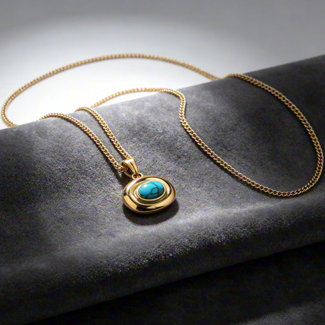 18K Gold PVD Plated Stainless Steel Natural Turquoise Oval Necklace