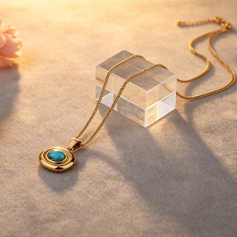 18K Gold PVD Plated Stainless Steel Natural Turquoise Oval Necklace