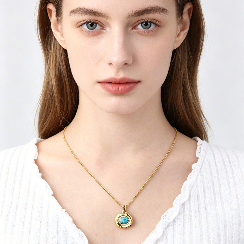 18K Gold PVD Plated Stainless Steel Natural Turquoise Oval Necklace