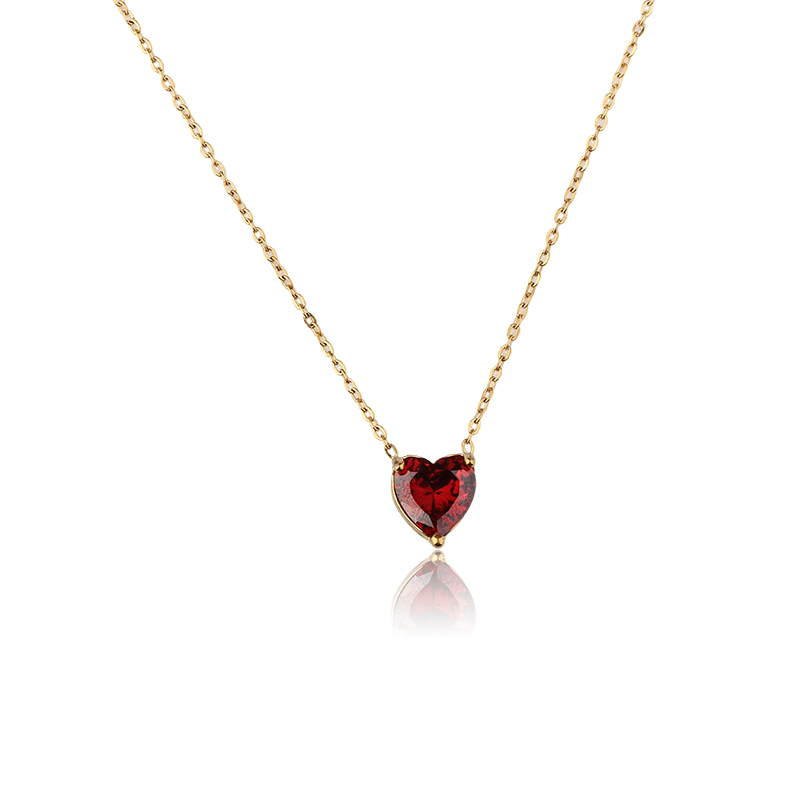 18K Gold PVD Plated Stainless Steel Red Heart CZ Necklace