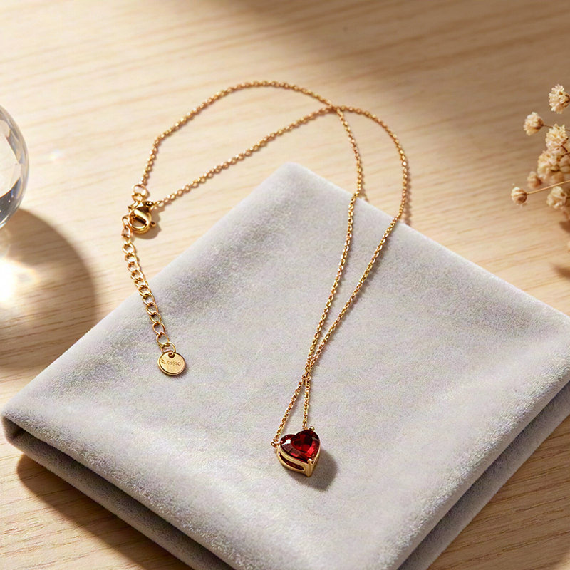 18K Gold PVD Plated Stainless Steel Red Heart CZ Necklace