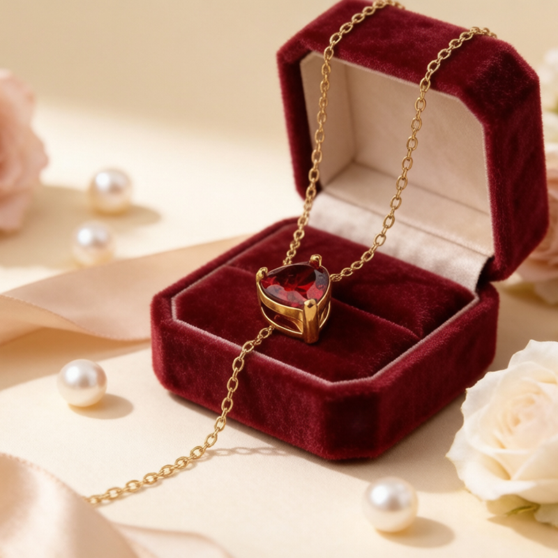 18K Gold PVD Plated Stainless Steel Red Heart CZ Necklace