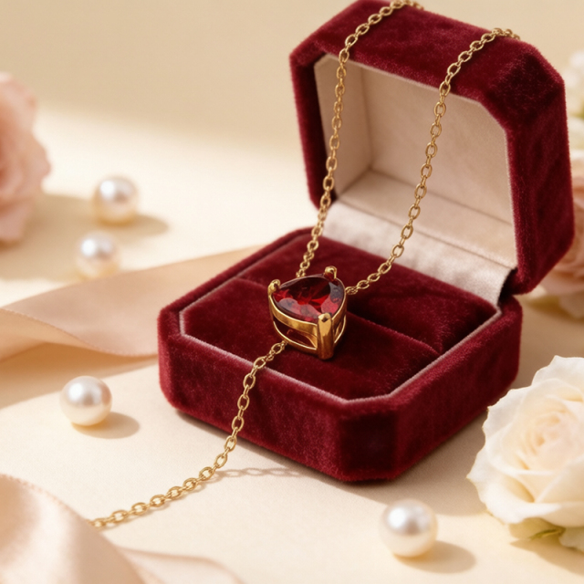 18K Gold PVD Plated Stainless Steel Red Heart CZ Necklace