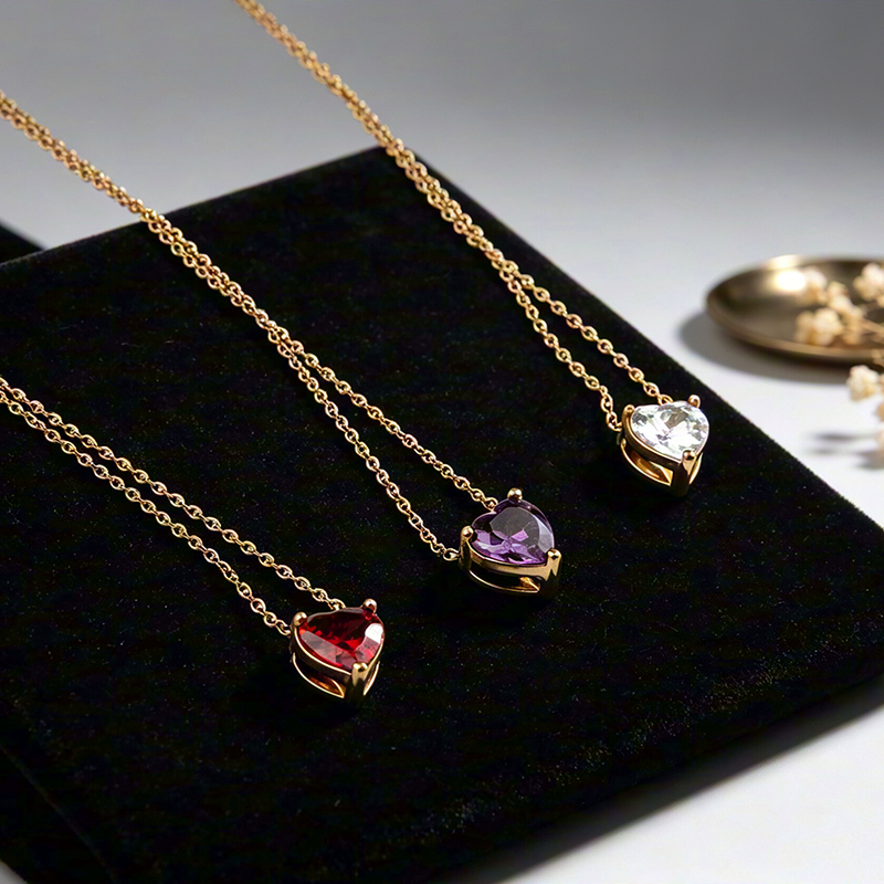 18K Gold PVD Plated Stainless Steel Red Heart CZ Necklace