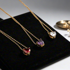 18K Gold PVD Plated Stainless Steel Red Heart CZ Necklace