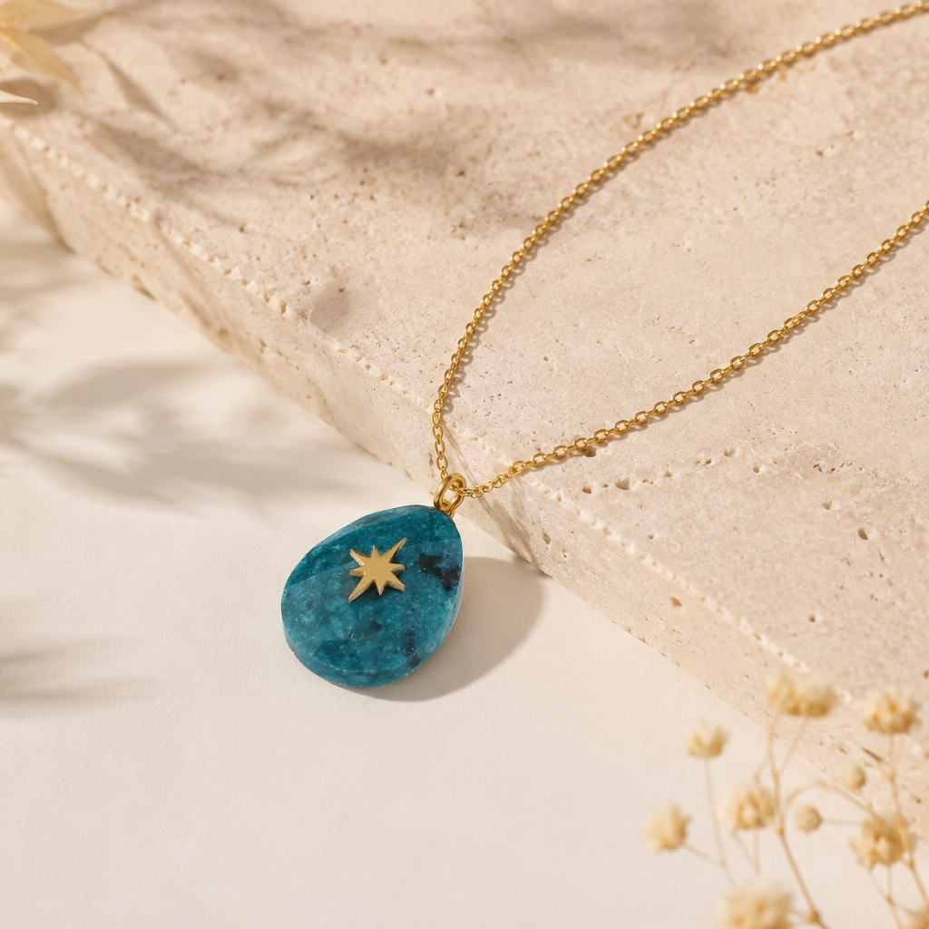 18K Gold PVD Plated Stainless Steel Teardrop Stone North Star Necklace