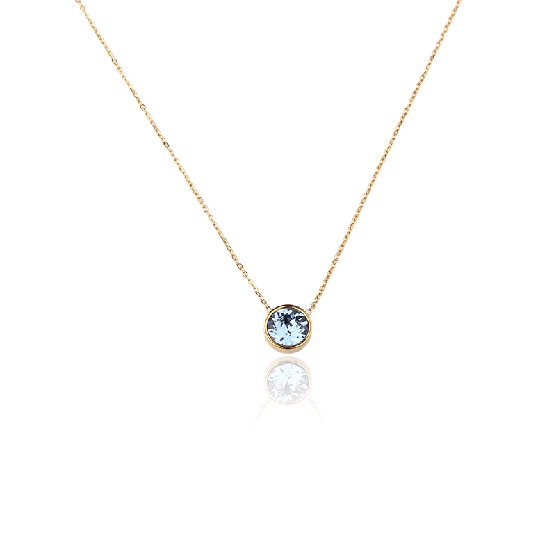 18K Gold PVD Plated Stainless Steel Round Light Blue CZ Necklace