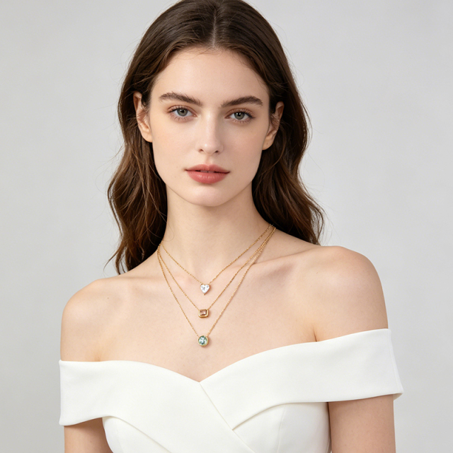 18K Gold PVD Plated Stainless Steel Round Light Blue CZ Necklace