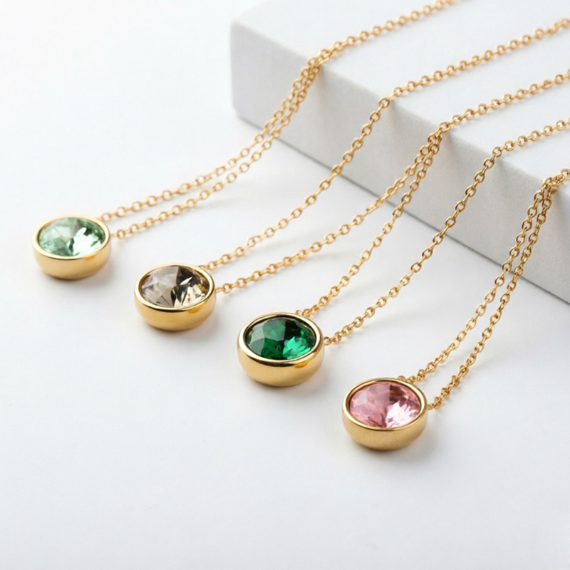 18K Gold PVD Plated Stainless Steel Round Light Blue CZ Necklace