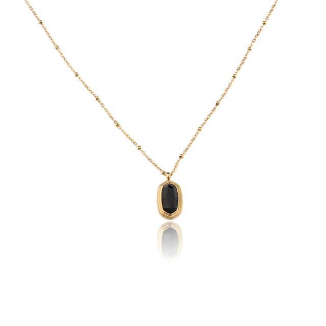 18K Gold PVD Plated Stainless Steel Rectangle Black CZ Necklace