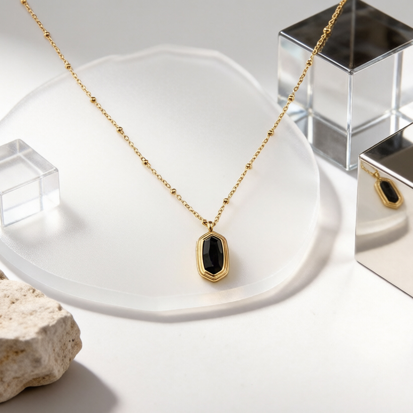 18K Gold PVD Plated Stainless Steel Rectangle Black CZ Necklace