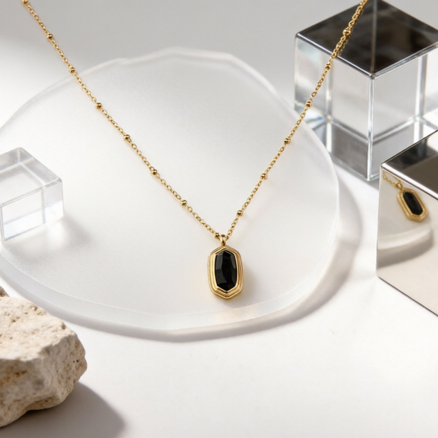 18K Gold PVD Plated Stainless Steel Rectangle Black CZ Necklace