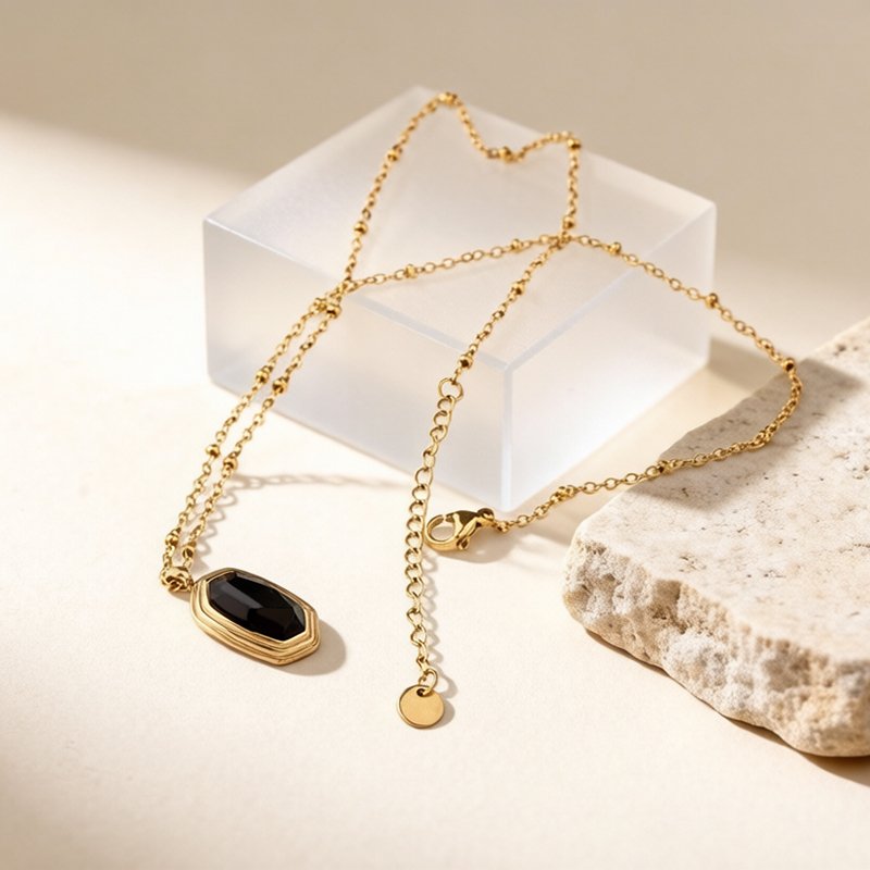 18K Gold PVD Plated Stainless Steel Rectangle Black CZ Necklace
