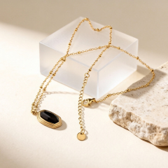 18K Gold PVD Plated Stainless Steel Rectangle Black CZ Necklace
