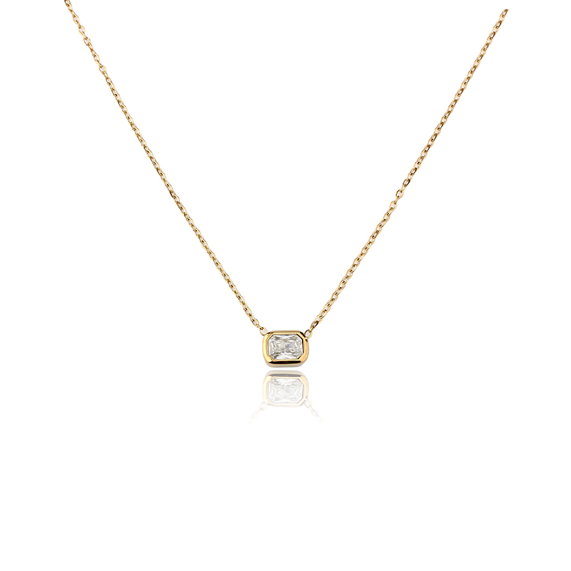 18K Gold PVD Plated Stainless Steel Rectangle Baguette CZ Necklace