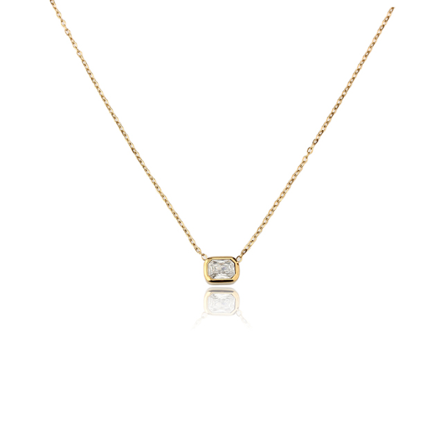 18K Gold PVD Plated Stainless Steel Rectangle Baguette CZ Necklace