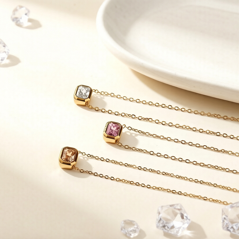 18K Gold PVD Plated Stainless Steel Rectangle Baguette CZ Necklace