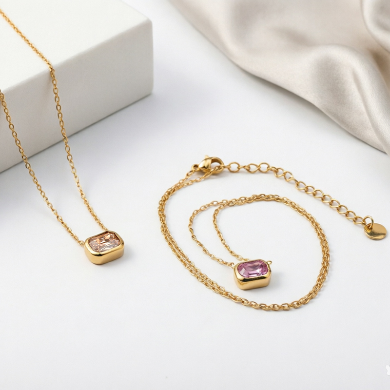 18K Gold PVD Plated Stainless Steel Rectangle Baguette CZ Necklace