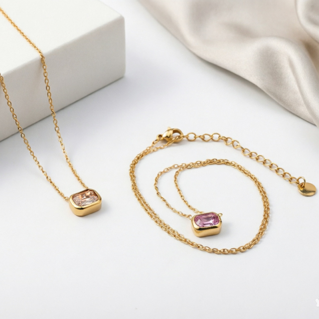 18K Gold PVD Plated Stainless Steel Rectangle Baguette CZ Necklace