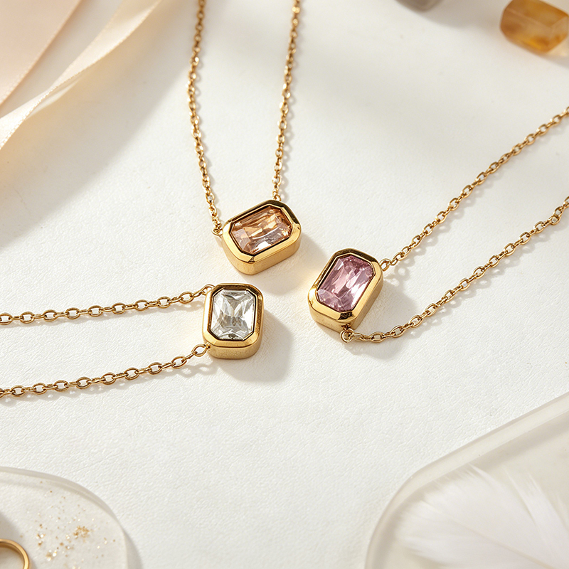 18K Gold PVD Plated Stainless Steel Rectangle Baguette CZ Necklace