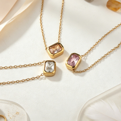 18K Gold PVD Plated Stainless Steel Rectangle Baguette CZ Necklace