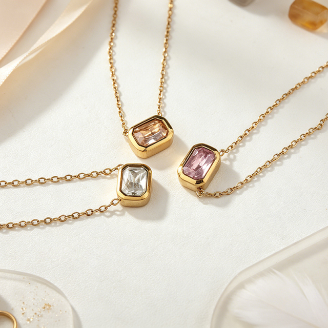 18K Gold PVD Plated Stainless Steel Rectangle Baguette CZ Necklace