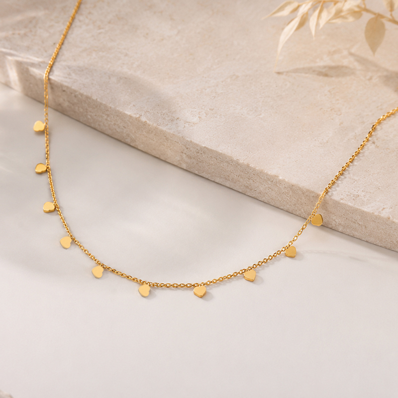 18K Gold PVD Plated Stainless Steel Mini Dangling Hearts Necklace