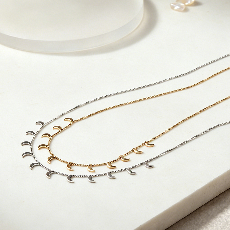 18K Gold PVD Plated Stainless Steel Mini Moon Dangling Necklace