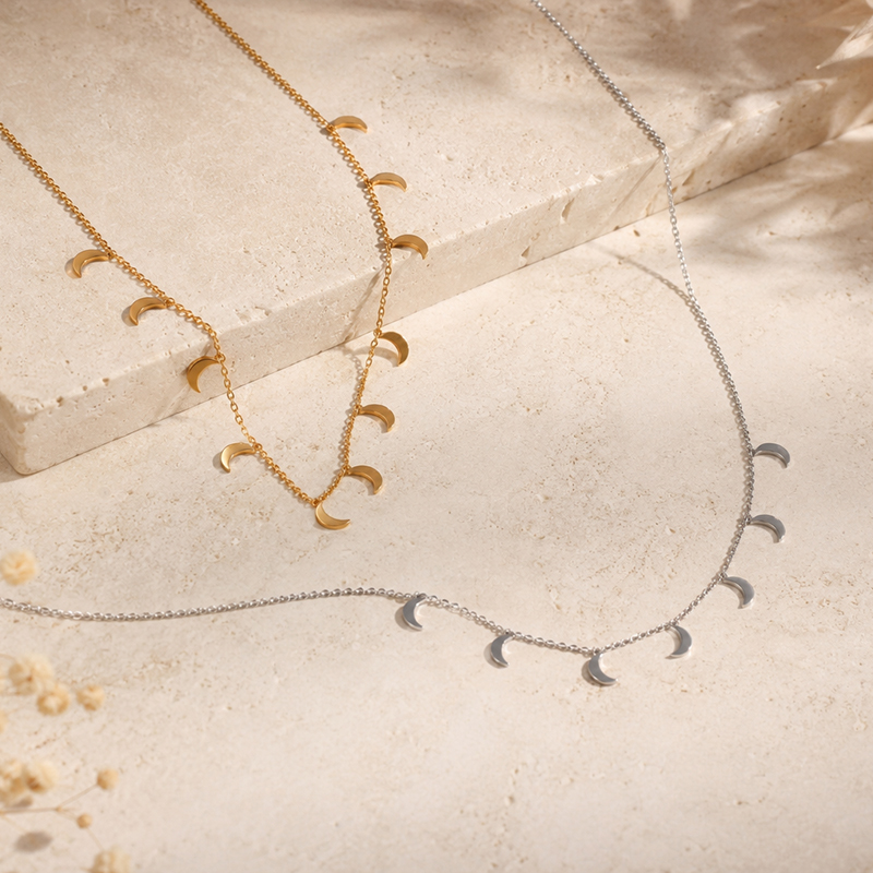 18K Gold PVD Plated Stainless Steel Mini Moon Dangling Necklace