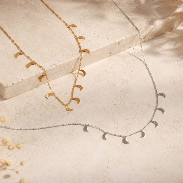 18K Gold PVD Plated Stainless Steel Mini Moon Dangling Necklace