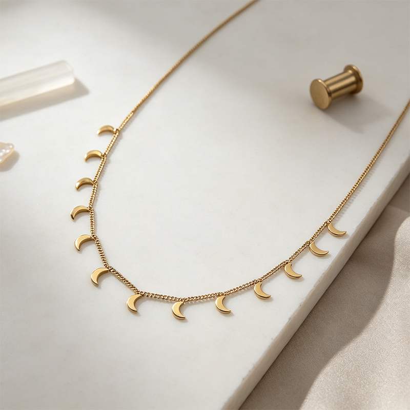 18K Gold PVD Plated Stainless Steel Mini Moon Dangling Necklace