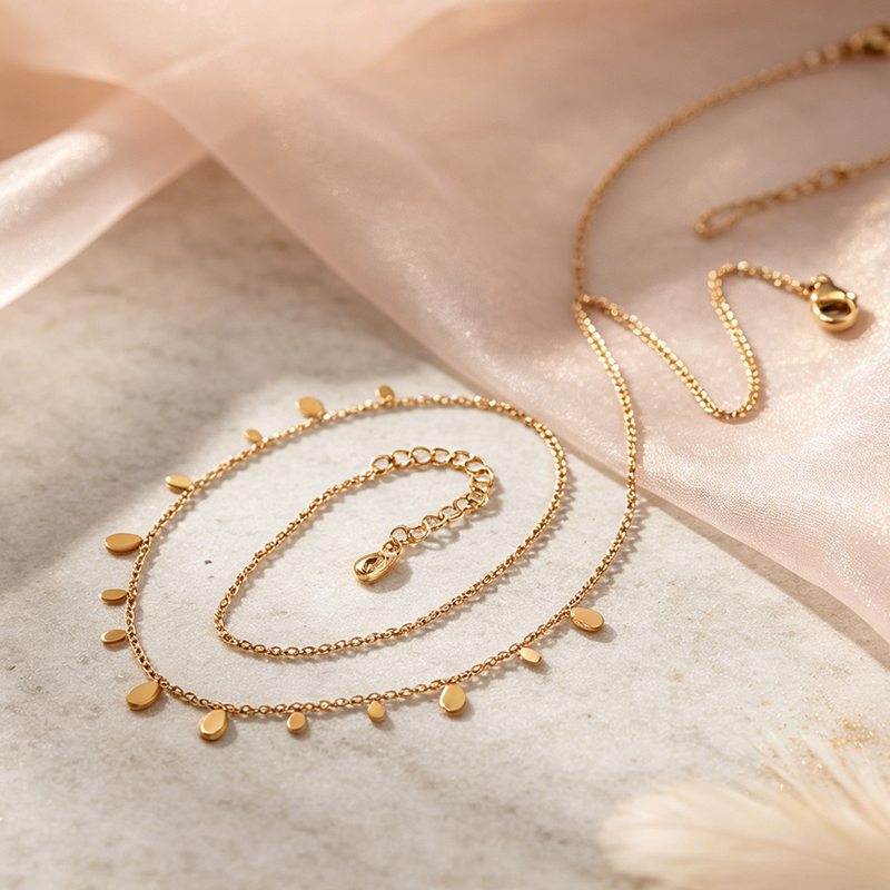 18K Gold PVD Plated Stainless Steel Mini Teardrop Dangling Necklace