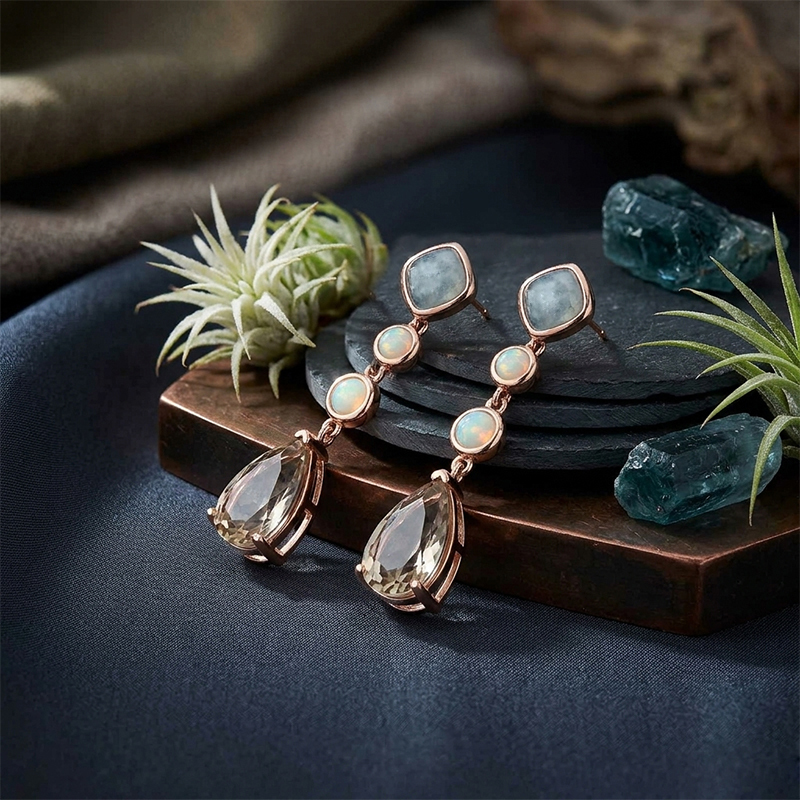 925 Sterling Silver Multi Stone Drop Earrings Aquamarine Opal Smoky Quartz Dangle Earrings