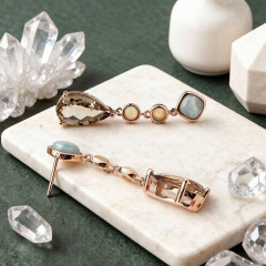 925 Sterling Silver Multi Stone Drop Earrings Aquamarine Opal Smoky Quartz Dangle Earrings