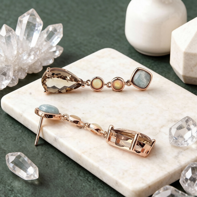 925 Sterling Silver Multi Stone Drop Earrings Aquamarine Opal Smoky Quartz Dangle Earrings