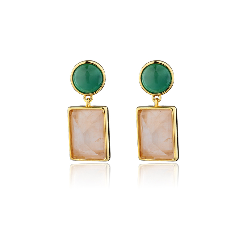 Gold Plated 925 Sterling Silver Drop Earrings With Green Agate & Rose Quartz