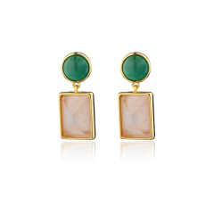 Gold Plated 925 Sterling Silver Drop Earrings With Green Agate & Rose Quartz