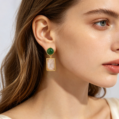 Gold Plated 925 Sterling Silver Drop Earrings With Green Agate & Rose Quartz
