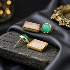 Gold Plated 925 Sterling Silver Drop Earrings With Green Agate & Rose Quartz