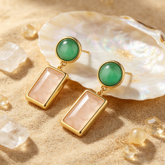 Gold Plated 925 Sterling Silver Drop Earrings With Green Agate & Rose Quartz