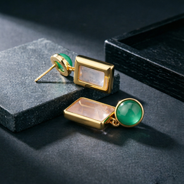 Gold Plated 925 Sterling Silver Drop Earrings With Green Agate & Rose Quartz