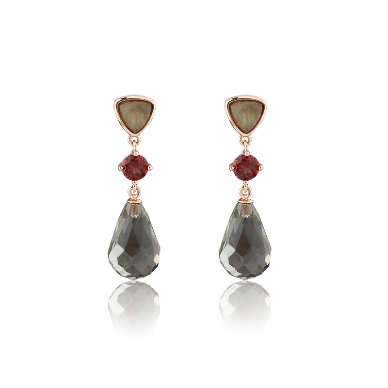 Rose Gold Plated 925 Sterling Silver Drop Earrings Gray Moonstone Garnet Smoky Quartz