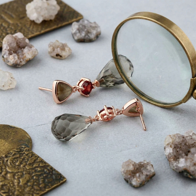 Rose Gold Plated 925 Sterling Silver Drop Earrings Gray Moonstone Garnet Smoky Quartz