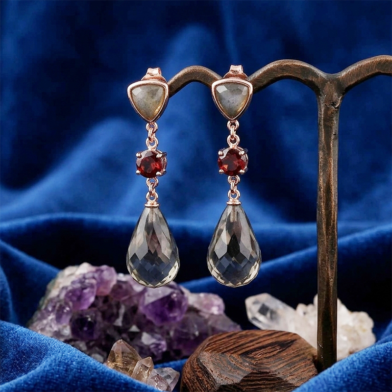 Rose Gold Plated 925 Sterling Silver Drop Earrings Gray Moonstone Garnet Smoky Quartz