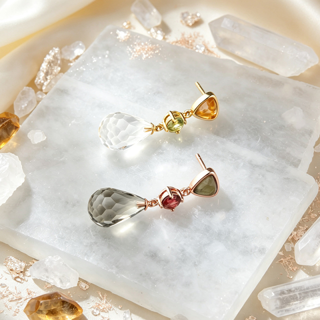Rose Gold Plated 925 Sterling Silver Drop Earrings Gray Moonstone Garnet Smoky Quartz