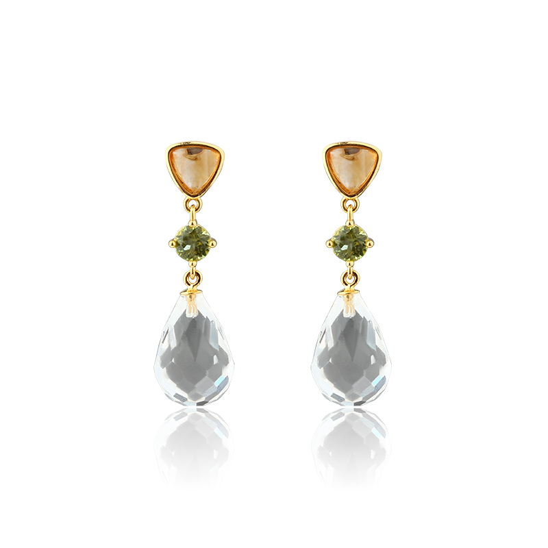 Gold Plated 925 Sterling Silver Drop Earrings Citrine Peridot Clear Quartz