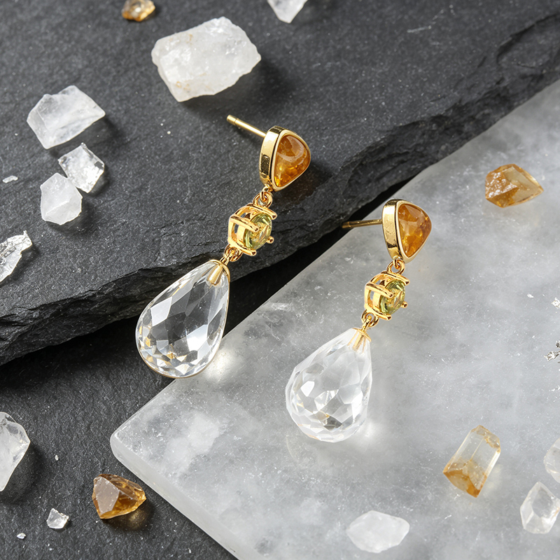 Gold Plated 925 Sterling Silver Drop Earrings Citrine Peridot Clear Quartz