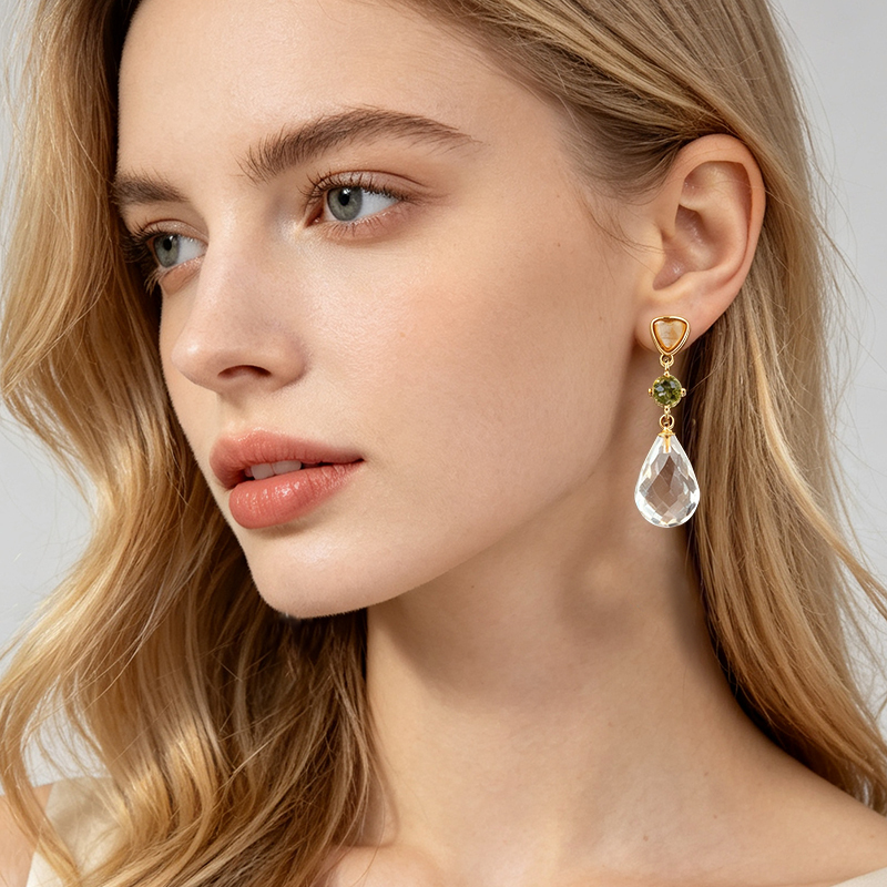 Gold Plated 925 Sterling Silver Drop Earrings Citrine Peridot Clear Quartz