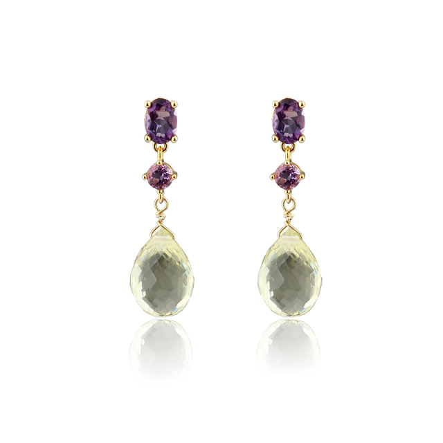 Gold Plated 925 Sterling Silver Long Drop Earrings Amethyst & Citrine
